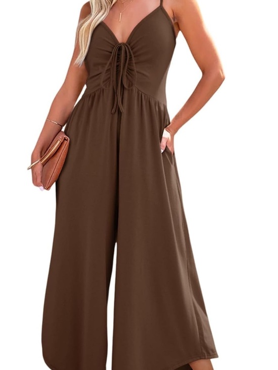Dokotoo Pants - Spaghetti-Strap Brown Wide-Leg Jumpsuit with Front Tie